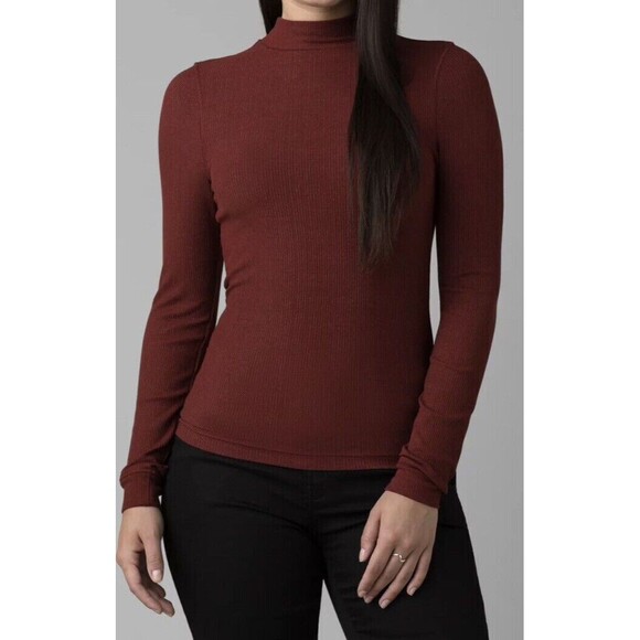 New Womens Prana NWT M Foundation Rib Mock Neck LS Red Orang Top Rhubarb Heather